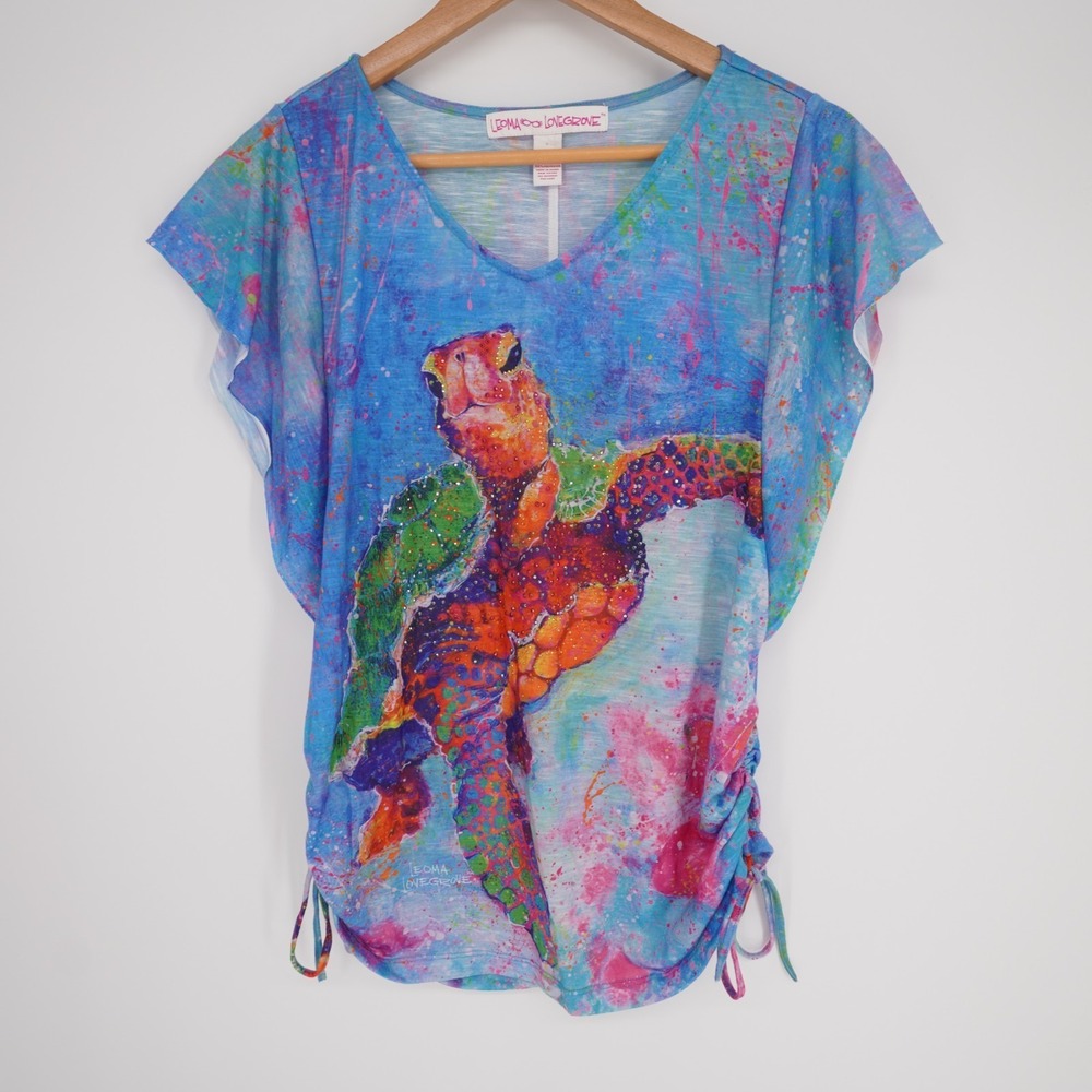 Leoma Lovegrove Seaturtle Print T Shirt Womens S Ruched Beachy Rhinestone Resort